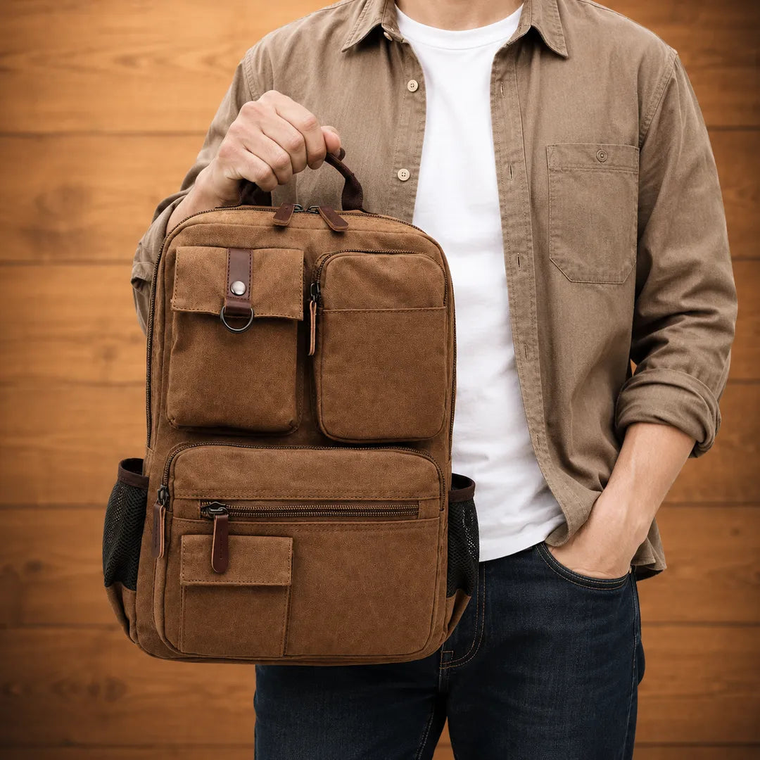 Multi-Pocket Canvas Backpack