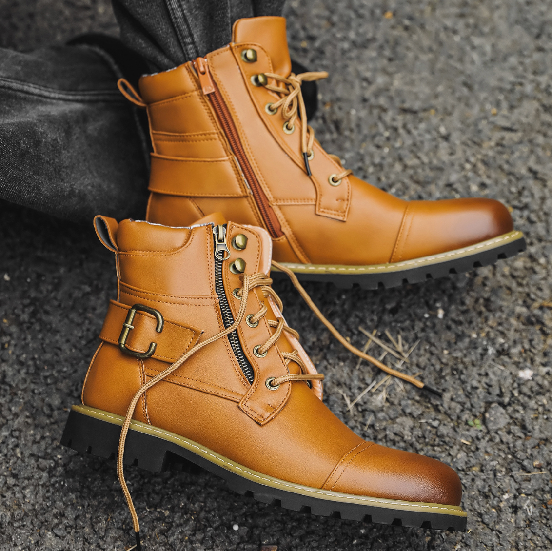 DOUBLE-ZIPPER LEATHER BOOTS